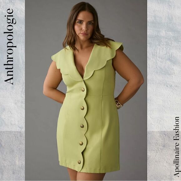 ANTHROPOLOGIE MAEVE SCALLOPED MINI DRESS IN CHARTREUSE IN XL NWT - Picture 5 of 9
